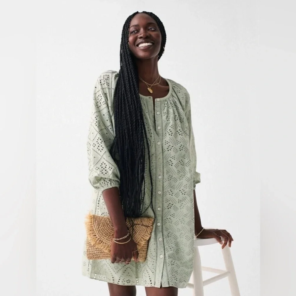 Faherty Valencia sage green organic cotton eyelet dress size XXS